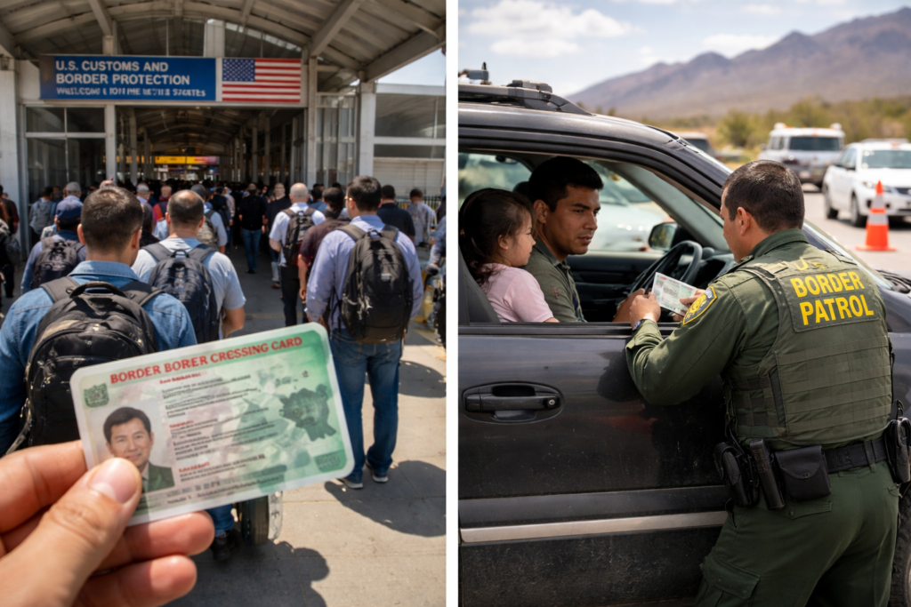 Oficial de la Patrulla Fronteriza revisando documentos a conductor con visa láser en un punto de control en la frontera de Estados Unidos