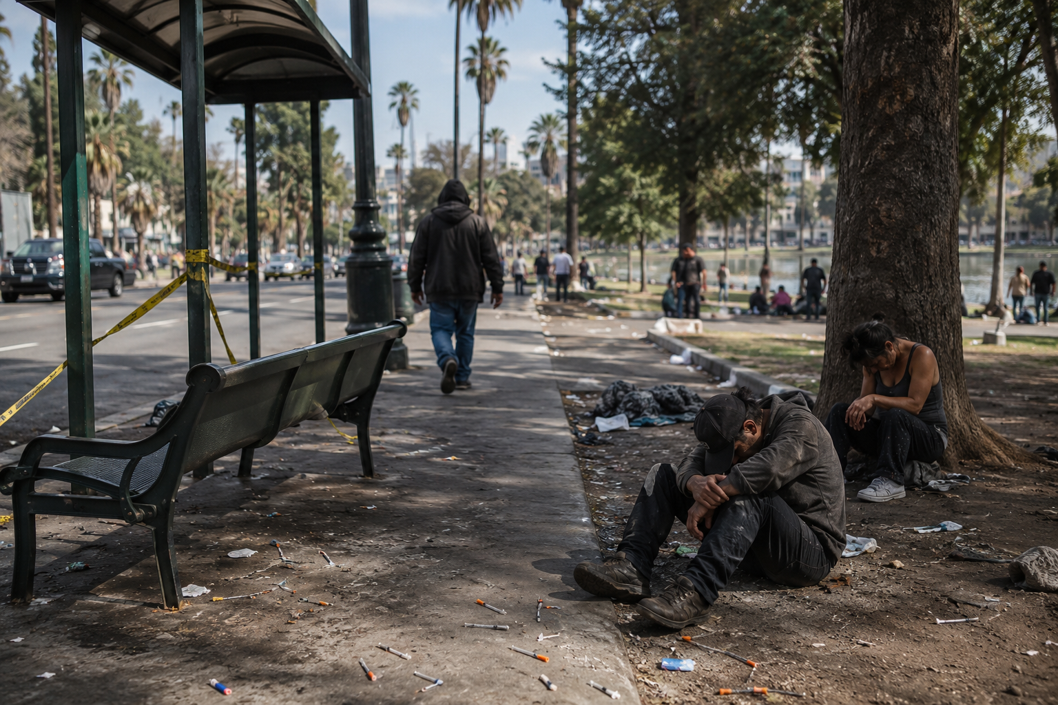 Retiro de bancas desata debate por drogas, violencia y personas sin hogar en Los Ángeles