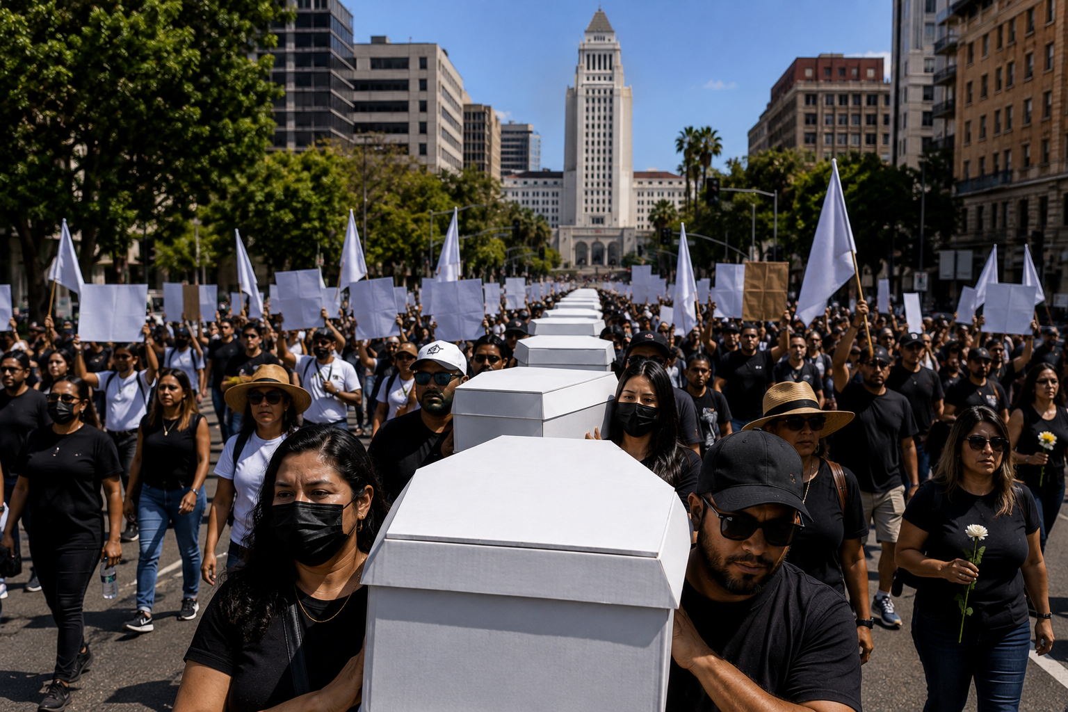 Marchan en Los Ángeles con 73 ataúdes simbólicos para pedir justicia por inmigrantes fallecidos
